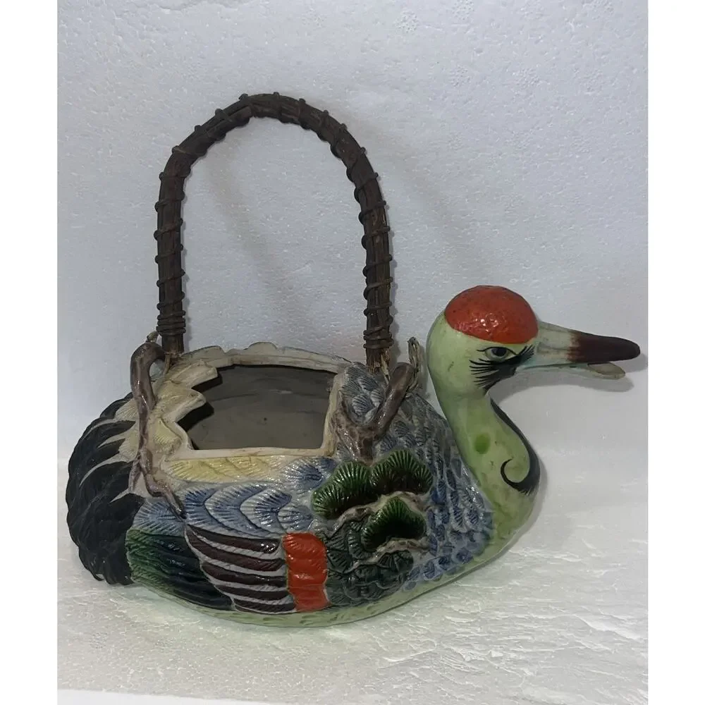 Collectible Hand Painted Banko Ware Duck Teapot, Wicker Bail Handle Japan